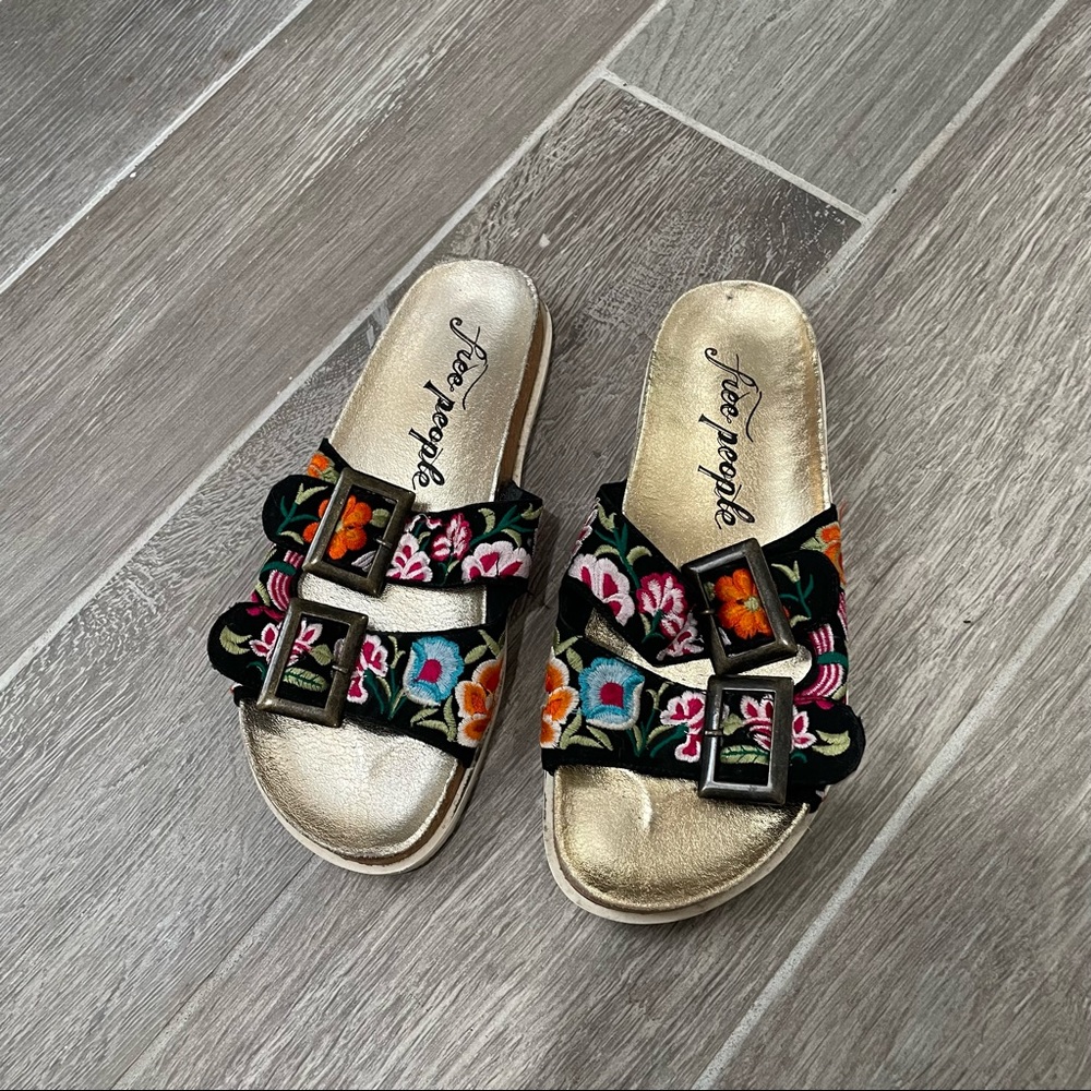 Free People Embroidered Black Floral Buckle Slide Sandals